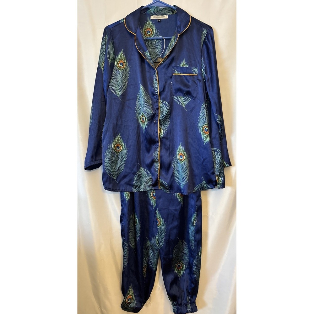 Women's Their Nibs Blue Peacock‎ Feather Satin Pajama Set M
